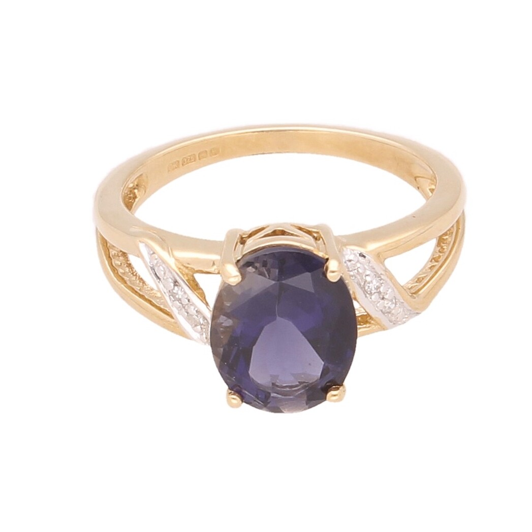 9Carat Yellow Gold Kyanite Solitaire & Diamond Accents Ring (Size N) 8x10mm Head