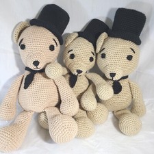 3 Handmade Crochet Stuffed Teddy Bear Farmhouse Top Hat Brothers 14" tall READ