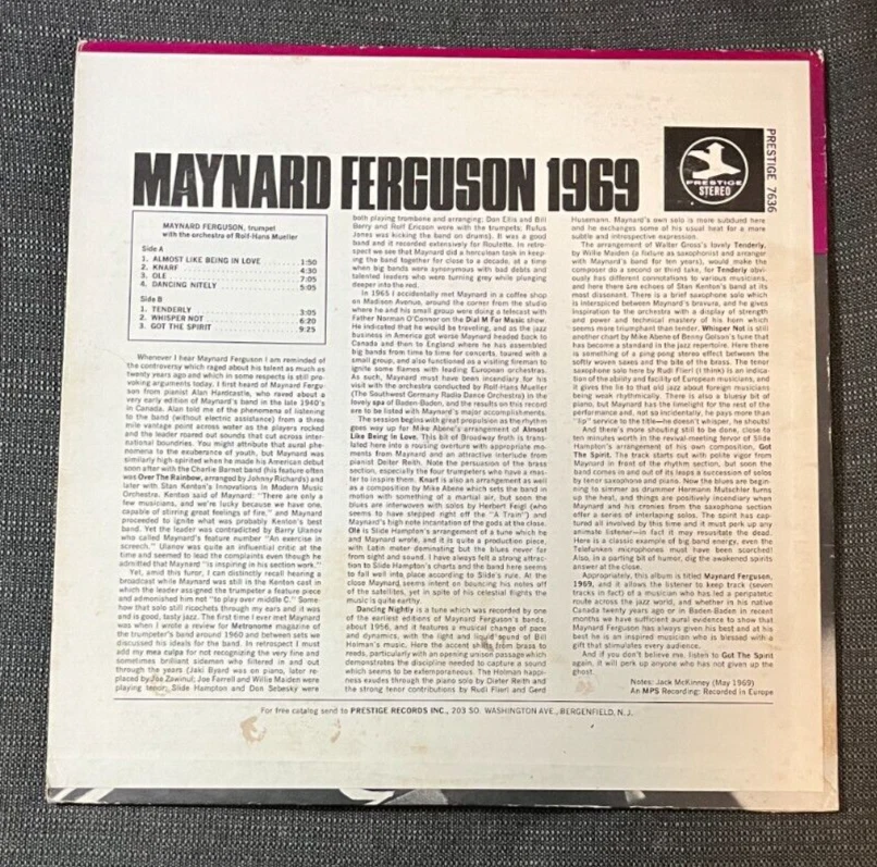 MAYNARD FERGUSON -1969 ~ PRESTIGE 7636 {nm} Recorded: Dec. 1967 BadenBaden -RARE - Image 2 of 4