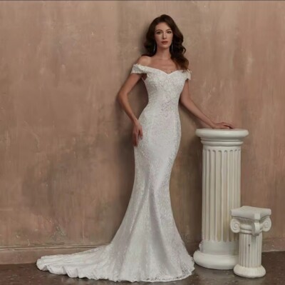UK Schulterfrei Hof Schleppe Meerjungfrau Strand Brautkleid weiß/elfenbein Größe 6-16