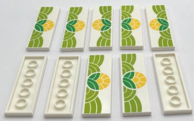 Lego 10 New White Tiles Flat Smooth 2 x 6 w/ Bright Green Hills Yellow Sun Parts