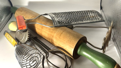 Vtg.&Antique Kitchen Tools Egg Beaters,Grater Rolling Pin Potato Masher Lot of 5