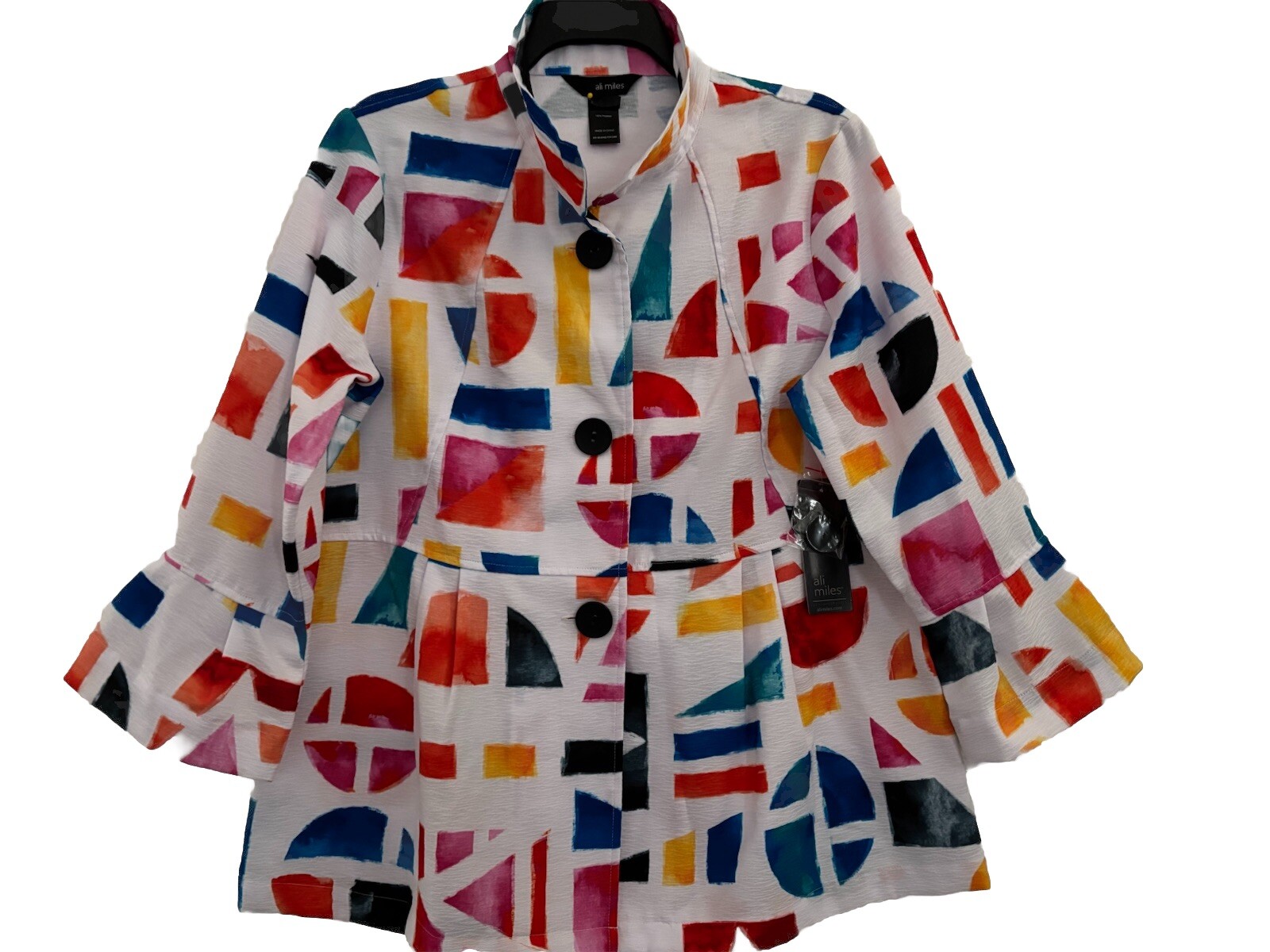 Túnica Ali Miles Estampado Geométrico Botón Frontal Cuello con Cable 3/4 Slv Talla L Nueva con Etiquetas