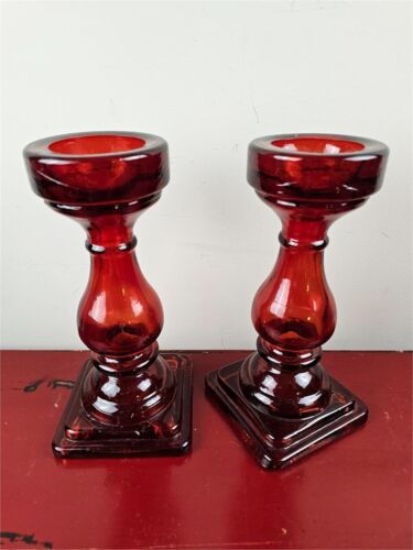 2 LARGE 16"VIDRIOS SAN MIGUEL RUBY RED GLASS CANDLE HOLDERS/PEDESTAL VASES-SPAIN