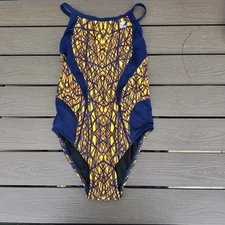  TYR Women Squiggly Gold/black Diamondfit 1 Piece Swim Sz 34 New No Tags