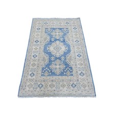 3'3"x4'10" Blue Vintage Look Kazak with Tribal Motif Wool Hand Knotted Rug 21802