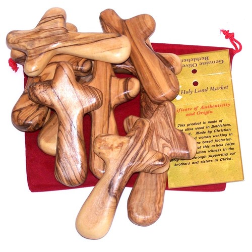 10 Olive Wood Holding Hand Crosses with Red Gift Velvet Bags Bethlehem - Used