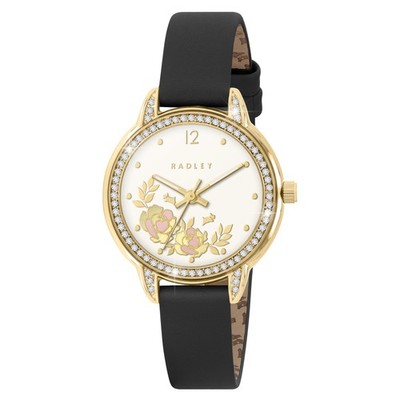 RADLEY Damenuhr vergoldet Steinbesatz Blumenmuster schwarz Lederarmband