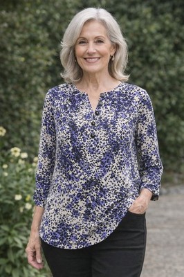 Shoshanna 100% Silk Blouse Womens 10 Blue Black Abstract 3/4 Sleeve Button Neck 