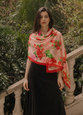 NWT GOKAN KOBO by Kenzo Pink w Red Floral Cashmere Silk Scarf ITALY 27''X68''