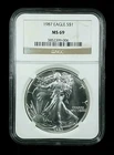 1987 $1 American Silver Eagle NGC MS69 Classic Brown Label #7580