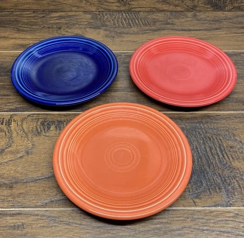 Vintage Fiesta Homer Laughlin 7.25” Salad Plates Set of 3 Red Blue Orange