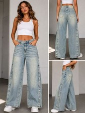 PTCL Women's Light Wash Wide Leg Jeans Snap Button Side Legs High Rise Denim