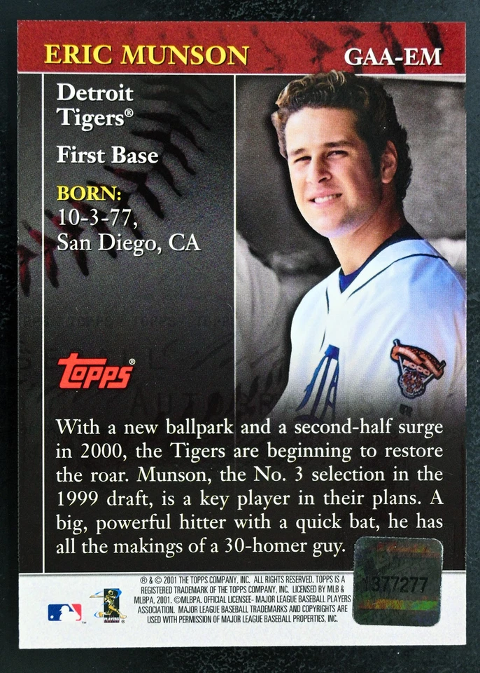 2001 Topps #GAA-EM Eric Munson Auto Aniversario Dorado Autógrafos Tigres de Detroit Foto 2 de 2