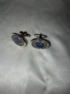 Vintage Textured SilverTone Oval Blue Cabochons Retro 1.2  Cufflinks