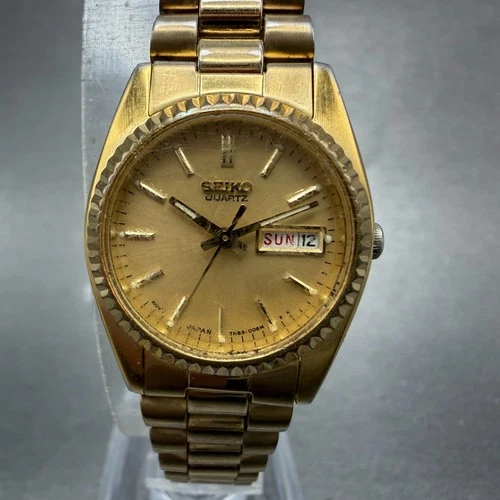 Seiko Watch Women 25mm Gold Dial Gold Tone Daydate Round 7N83-0041 New Battery 9