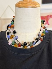 AeraVida Cotton Wax Rope Floating Multi Stone Triple Strand Necklace