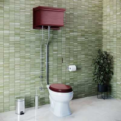 Cherry Wood Flat High Tank Toilet White Elongated Satin Rear Entry