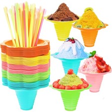 200 Pcs Colorful Flower Snow Cone Cups with Spoon Straws - 8 oz Party Supplies