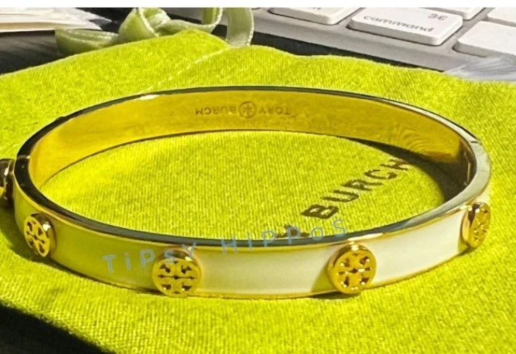 TORY BURCH MILLER 5MM WHITE AND GOLD HINGE BRACELET - Image 4 of 4