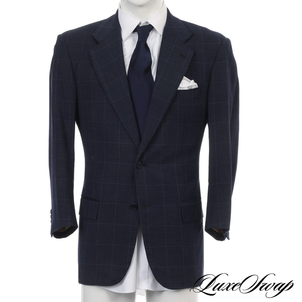 #1 MENSWEAR Kiton Napoli Made in Italy Bright Navy Nailhead Windowpane Jacket 51 - Image 2 of 4