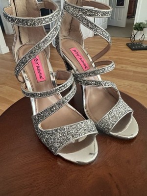 Betsey Johnson Silver Izzy Glitter Strappy High Heels with Zip Back Size 6.5
