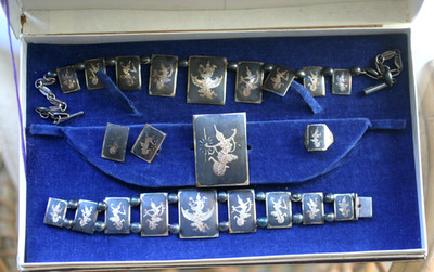 Vintage Yap Kui Kee Siam Sterling 5 Pc Jewelry Set NK Bracelet Ring Earrings Pin