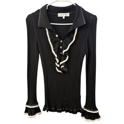 Anne Fontaine Erena Black Ribbed Knit Ruffle Button Sweater Top Long Sleeve 38