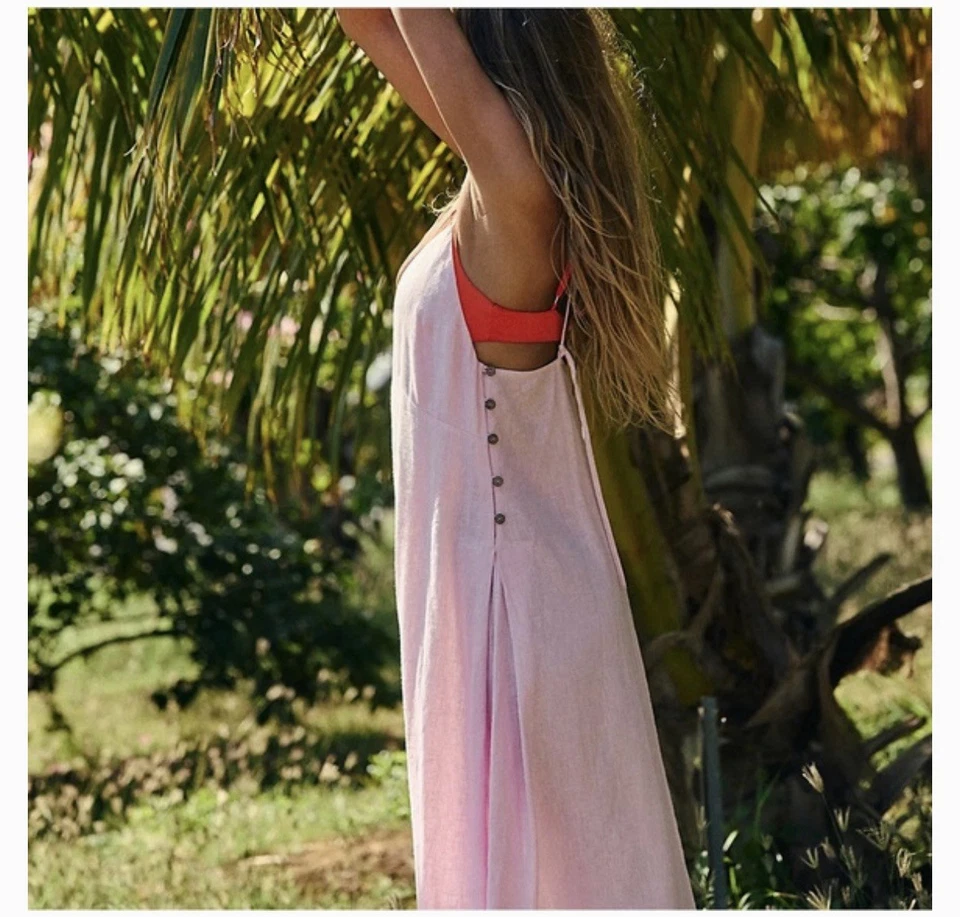 Vestido Free People Inma Cutouts Sweetheart espalda abierta midi mezcla de lino talla XL rosa Foto 2 de 4