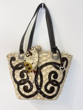 Brighton "Lyric " Woven StrawTote with Dark Brown LeatherTrim and Heart Charm