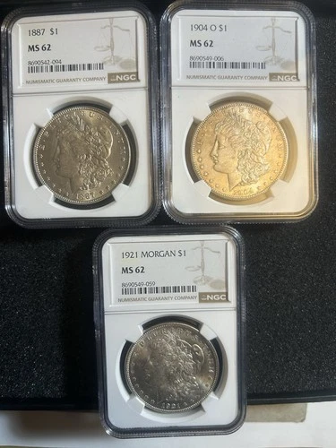 LOT OF (3) GRADED MS62 MORGAN SILVER DOLLARS 90% SILVER 🔥🔥📈📈