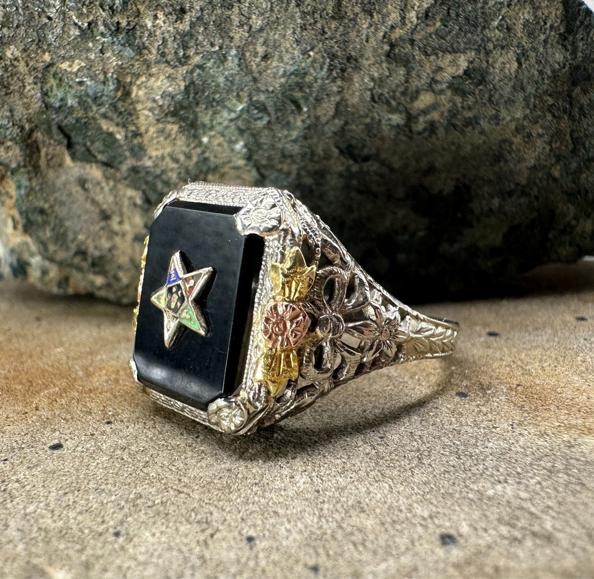Eastern Star Masonic Filigree Estate Onyx Ring 10k White and