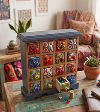 Jewellery Blue Chest of Drawers Mango Wood Hand Painted Multi Colour Ceramic