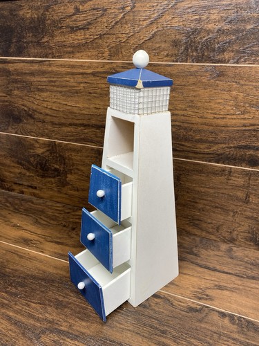 Unique 13” Wood Lighthouse Shaped Basket Storage Drawer Rustic Coastal Bathroom - Picture 2 of 12