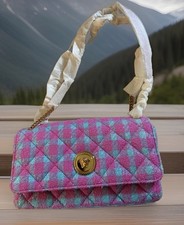 New Versace Medusa Checkered Medium Tweed Flap Shoulder Bag Gold Chain Pink/Blue