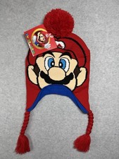 Super Mario Kids Red Ear Flap Knit Winter Hat with Pom-Pom  Braided Tassel