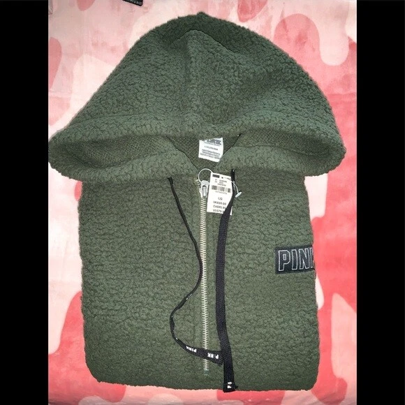 UNDERCOVER Victoria’s Secret ROSA Sherpa Felpa con Cappuccio Giacca Mezza Zip Pullover Verde Oliva
