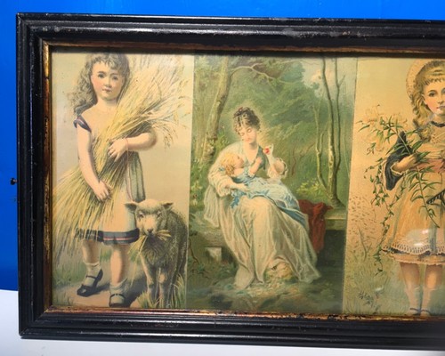 3 Antique Victorian LITHOGRAPHS of GIRLS YOUNG WOMEN in WOOD FRAME wooden back - Picture 7 of 8