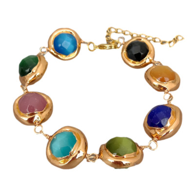 15mm Multi Color Faceted Cat Eye Gold Plated Edge Bracelet 8''