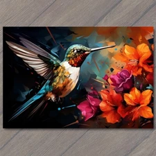 Art Print Hummingbird Flowers Happy Retro Pop Art Splash Colors Cute Fun Vibrant