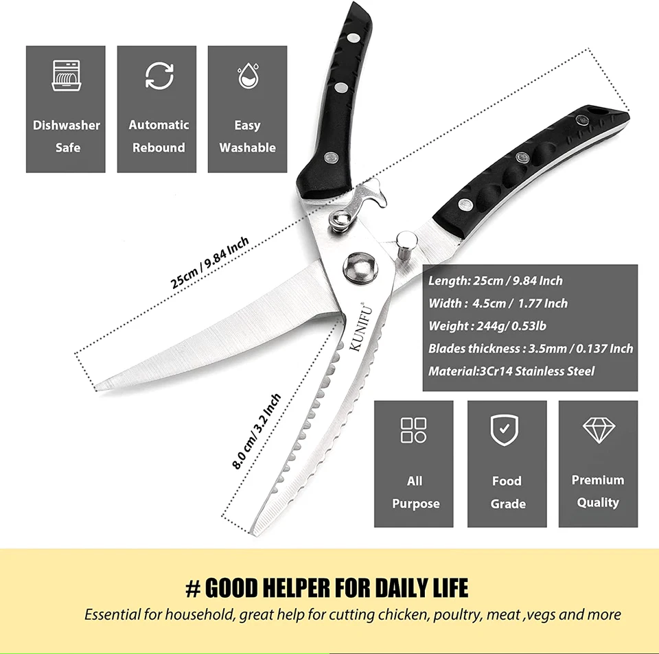 KUNIFU Multi-Function Poultry Shears Spring Loaded Heavy Duty Sharp Stainless - Image 4 of 4