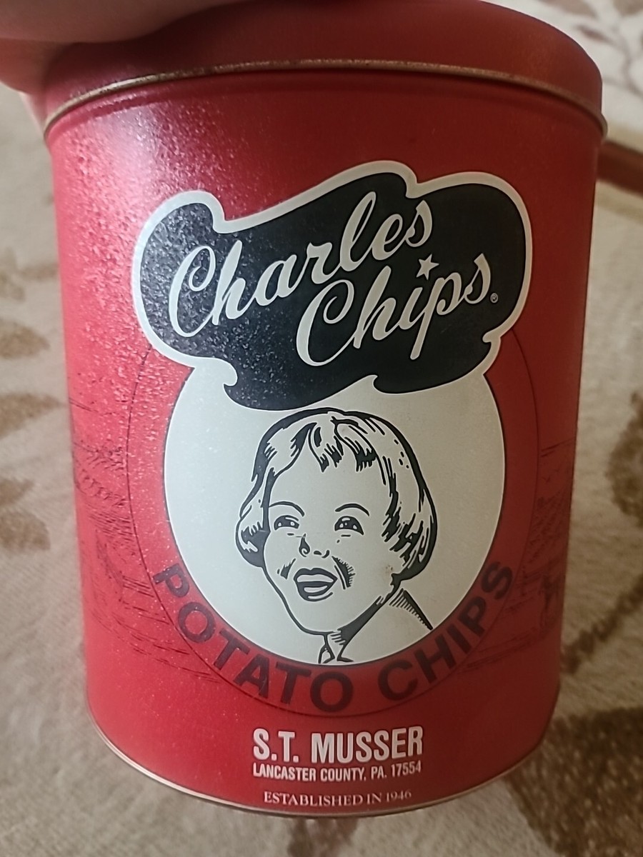 Vintage Charles Potato Chips Tin Can Red S.T. Musser