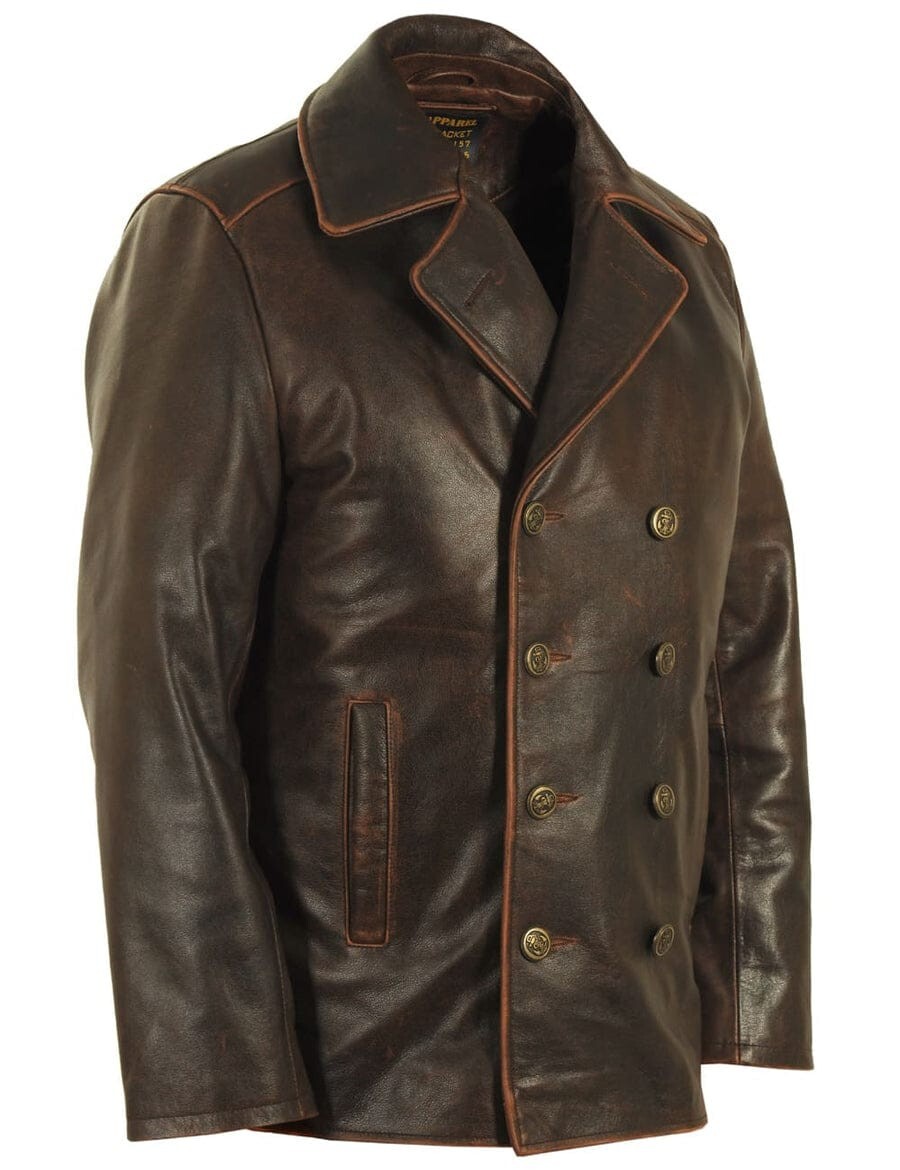Men's Military Look Royal Button Vintage Genuine Leather Pea coat Jacket
