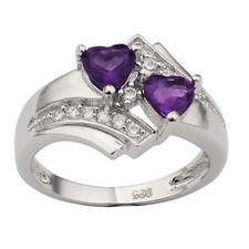 2-Heart Natural Purple Amethyst Sterling Silver Ring Women February Birthstone