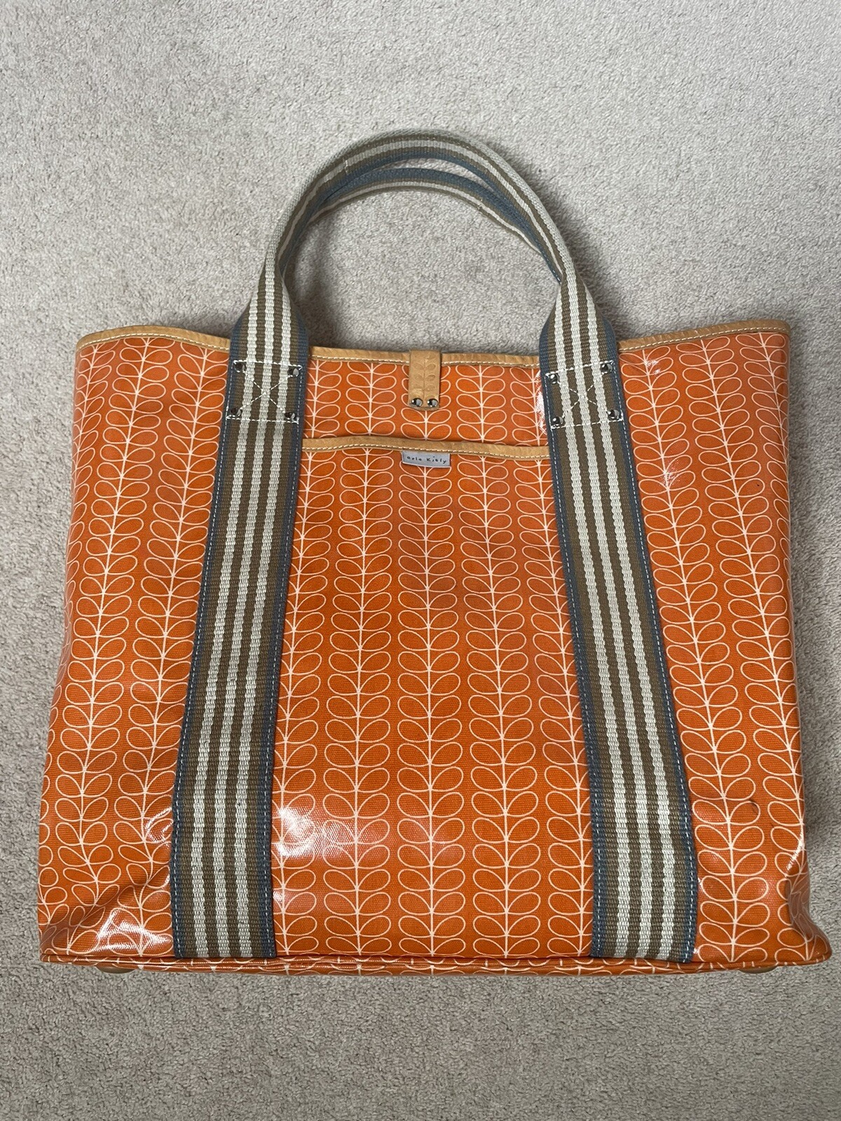 Orla Kiely Stem XL Oil Cloth Bag Weekend Bag Tote Leather Trim Orange
