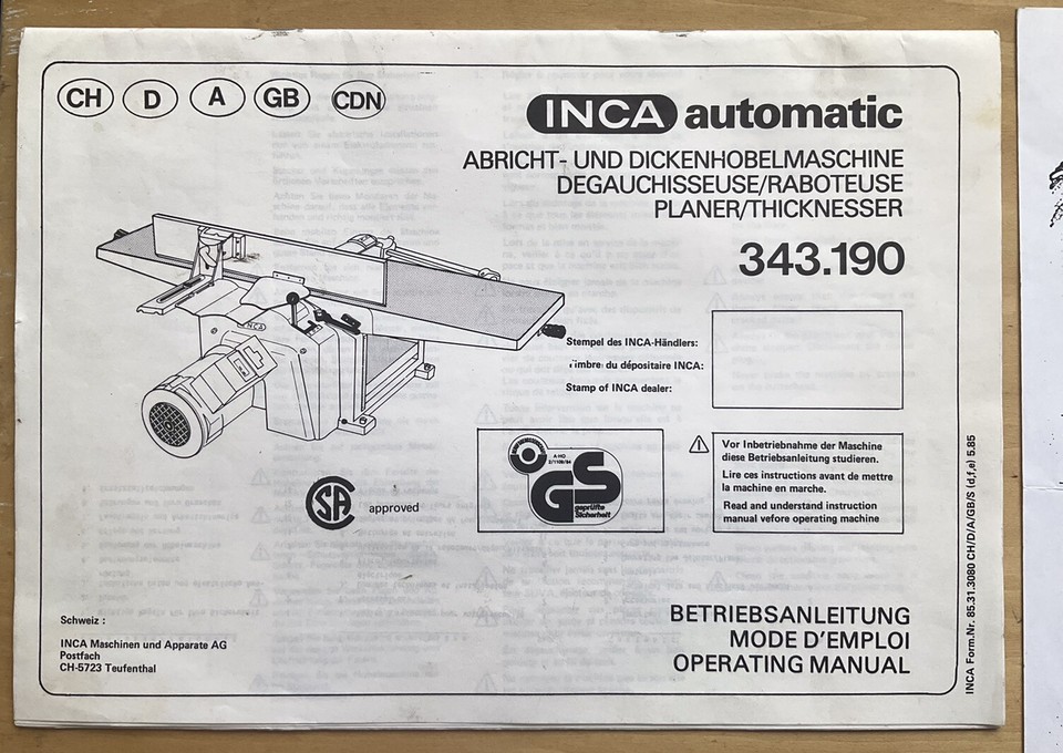 Inca 570 Jointer Planer Manual eBay