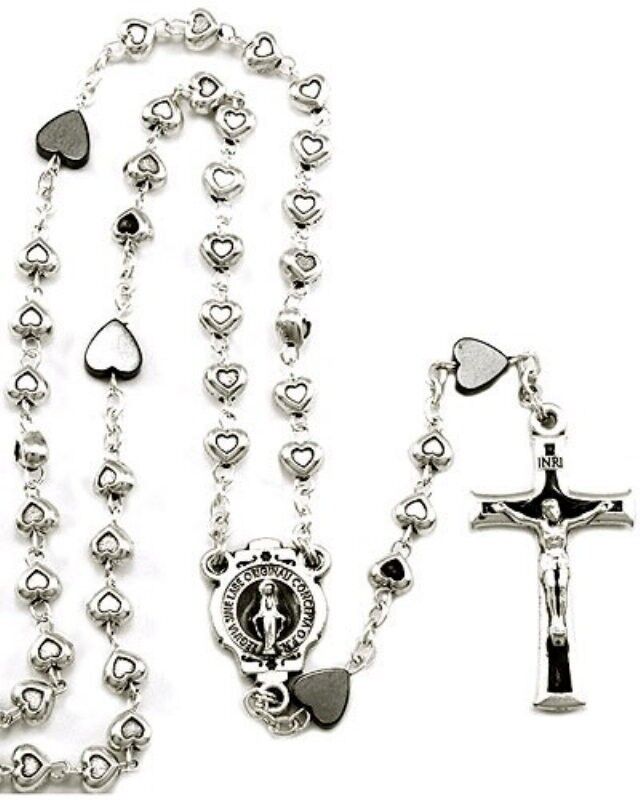 NEW BEAUTIFUL MADE IN ITALY HEART BEAD ROSARY SILVER & HEMATITE MIRACULOUS