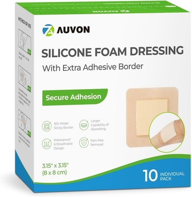 Silicone Foam Dressing with Large Adhesive Border, 3'' X 3'' 10 Packs Wound Dressi