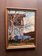 Vintage 1990 Framed Dimensions Longstitch Needlecraft Blue Farm Wagon Artwork