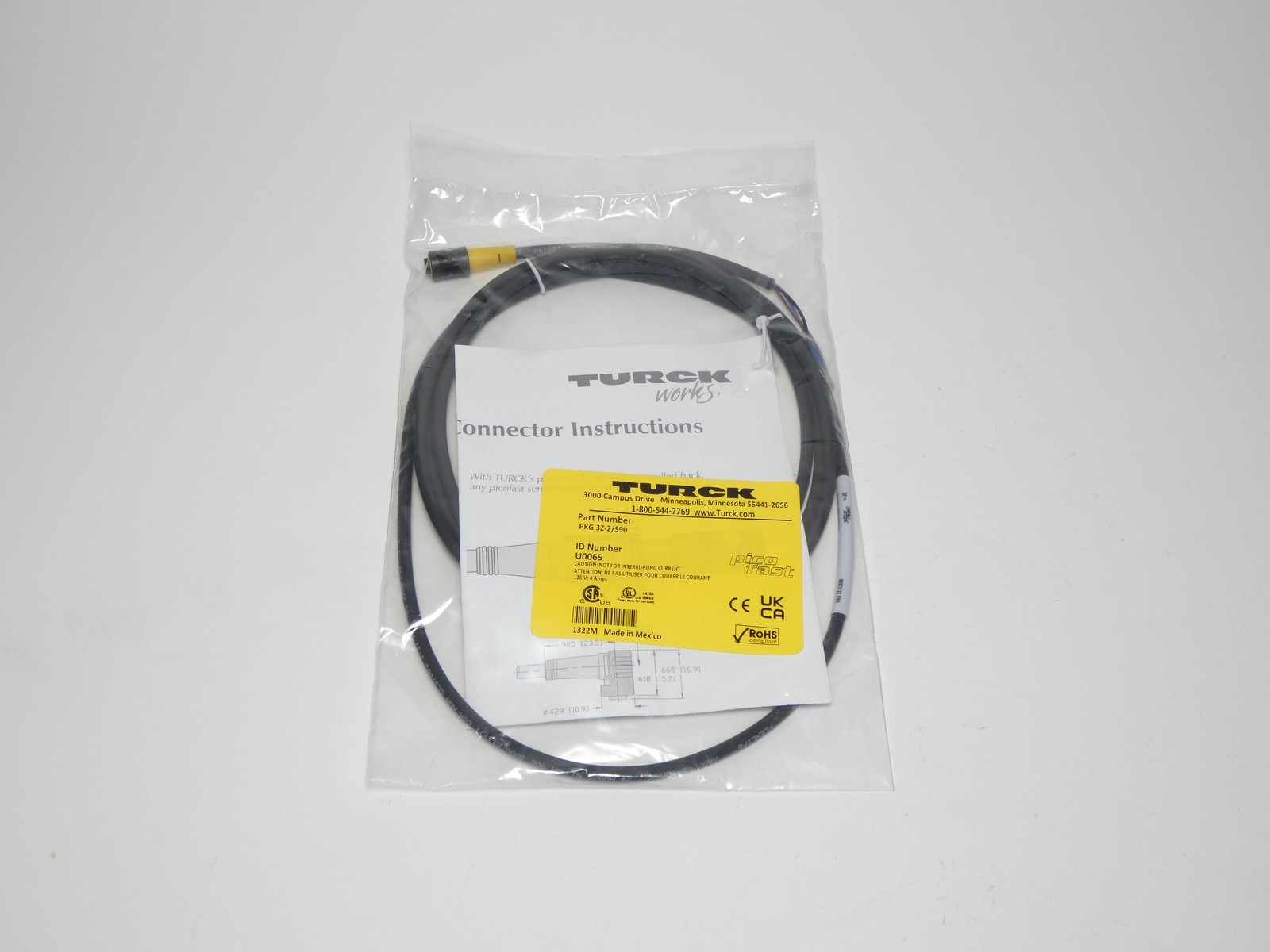 Turck PKG 3Z-2/S90 Sensor Cable Female Straight M8 3P - NEW Surplus!